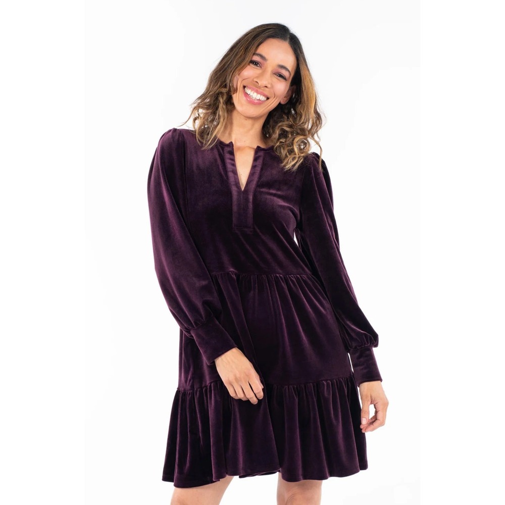 SweetLegs Velour Party Dress Purple Tiered Balloon Sleeve Jewel Tone Size 2XL